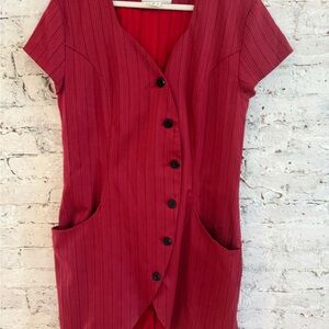 Red Midi Dress with Button Front and Pockets